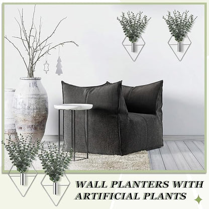 Jexine 8 Pcs Hanging Planters with Artificial Eucalyptus Metal Hanging Vase Indoor Plants Holder Modern Geometric Boho Bathroom Wall Decor for Living Room Home Office (Eucalyptus,Silver)