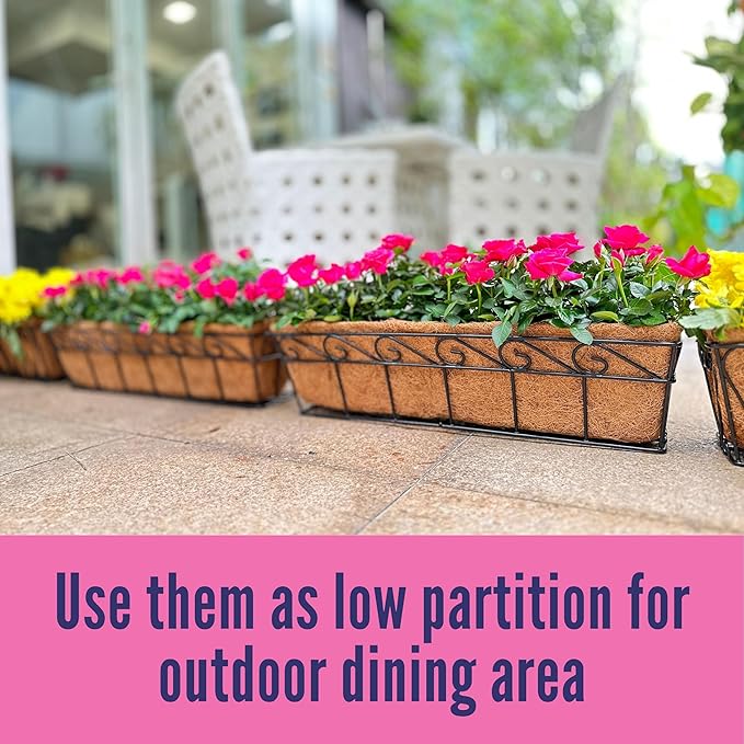 LaLaGreen Wall Mounted Planters - 24 Inch, 4 Pack Window Flower Boxes Basket Outdoor, Balcony Planter Over The Rail, Deck Railing Hanging with Coco Liners, Metal Horse Troughs Fence Patio Porch