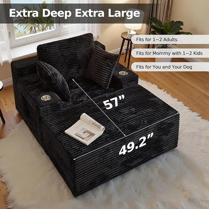 CHORRO67 Chaise Lounge Chair Indoor,Oversized Boneless Single Sleeeper Couch Bed,Corduroy Cloud Sofa with 3 Soft Pillows for Livingroom,Bedroom,No Assembly (Black)