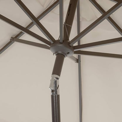 SAFAVIEH 9ft Outdoor Patio Umbrella, Round, Valance, Beige & White Trim, Auto Crank Tilt, UV Resistant for Deck, Backyard, Poolside (PAT8006C)