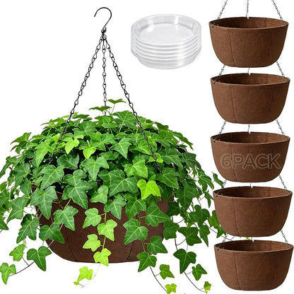 T4U Hanging Planters for Outdoor Plants, 10 Inch 6 Pack Fabric Hanging Baskets with Drainage Tray, Decorative Hanging Pots for Plants Outdoor Patio Porch Garden Use（Brown）