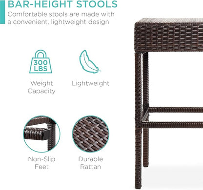 Best Choice Products 5-Piece Outdoor Wicker Bar Table Set for Patio, Poolside, Backyard w/Built-in Bottle Opener, Hidden Storage Shelf, Metal Tabletop, 4 Stools - Brown