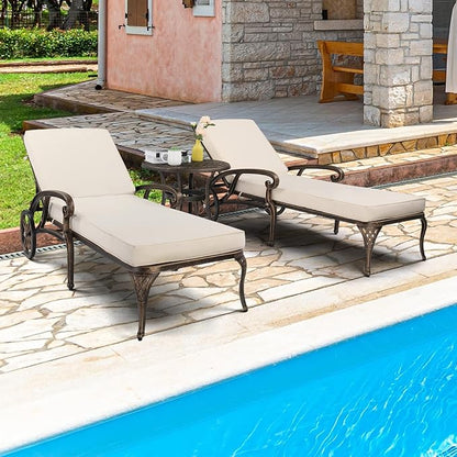 VINGLI Cast Aluminum Outdoor Chaise Lounge Chair with Wheels Set of 2, Patio Chaise Lounge with 3-Position Adjustable Backrest, Tanning Chair Reclining Chair for Poolside (2PCS, Bronze, with Cushion)