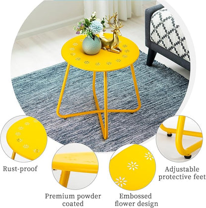 danpinera Outdoor Side Tables with Flower Cut Outs, Weather Resistant Steel Patio Side Table, Small Round Outdoor End Table Metal Side Table for Patio Yard Balcony Garden Yellow