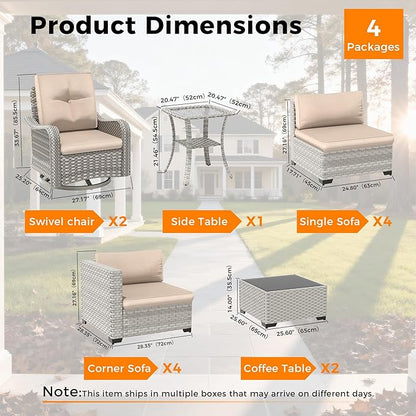 10-Seat Modern Patio Furniture Set with Swivel Rocking Chairs, Thick 4″ Cushions, Dual-Strand Wicker Rattan, Rust-Resistant Steel Frame – Outdoor Conversation & Modular Sectional,Beige