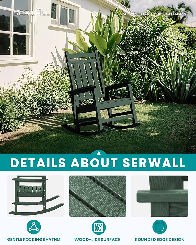 Green HDPE Patio Rocking Chair, Oversized, 350 lb Weight Capacity