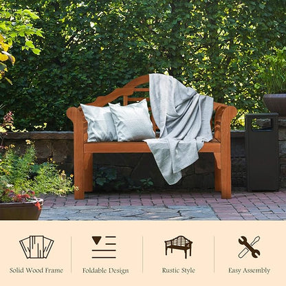 COSTWAY Folding Wooden Bench Outdoor, Crown-Like High Backrest, Patio Eucalyptus Wood Bench for Garden, Park & Porch