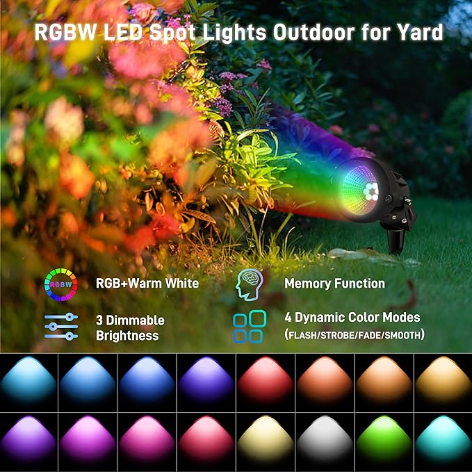 Christmas Landscape Lights 12W RGBW Outdoor Spot Lights for Yard, Low Voltage LED Landscape Spotlight with Remote Control, IP65 Waterproof Yard Spotlgiht for Lawn, Garden, 2 Pack