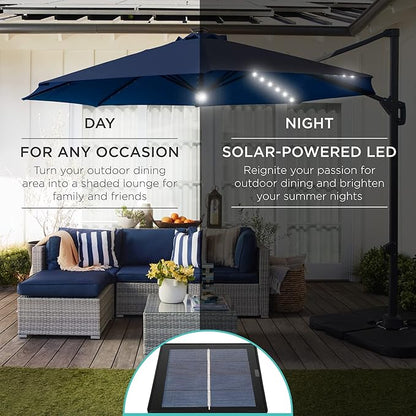 Best Choice Products 10ft Solar LED Cantilever Patio Umbrella, 360-Degree Rotation Hanging Offset Market Outdoor Sun Shade for Backyard, Deck, Poolside w/Lights, Easy Tilt, Cross Base