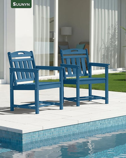 Set of 2 Weatherproof Patio Chairs - HDPE Outdoor Dining Chairs with Wide Seat, Ergonomic Design - for Garden, Backyard, Deck - Navy Blue