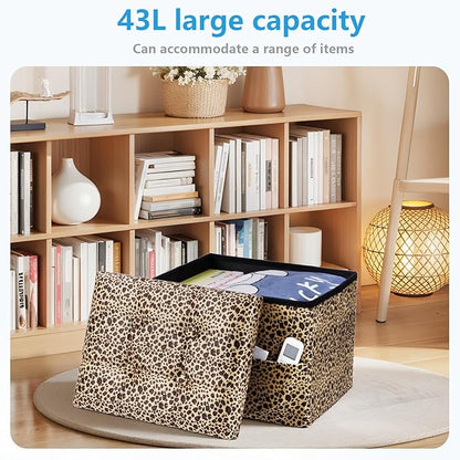 AmasSmile Storage Ottoman Folding Foot Rest Stool with Side Pocket, 17 inch Velvet Footstool Bench, Short Ottoman Bench, Storage Foot Rest Store, Blanket Chest, Leopard Print