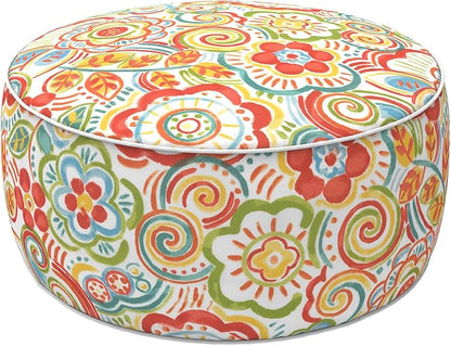LVTXIII Indoor/Outdoor Inflatable Ottoman with Handle D21 x H9 Inch, Weather-Resistant Round Footstool Pouf for Patio Camping Living Room, Portable Footrest Extra Seating, Flower Multi
