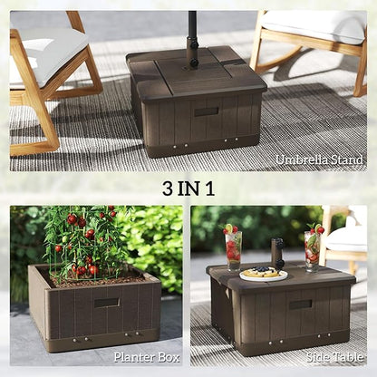 Outsunny 3-in-1 Outdoor Umbrella Base, Coffee End Table, Planter Box with Drain Hole, 175 lbs. Capacity Heavy Duty Fillable Patio Umbrella Stand Table with Wheels and Handles for Deck, Poolside, Brown