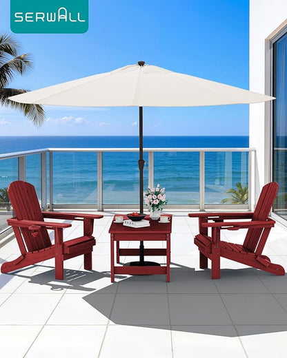 SERWALL Outdoor Coffee Table with 9FT Umbrella, HDPE Patio Coffee Table for Outside, Rectangle, Red(Not Include Umbrella Base)