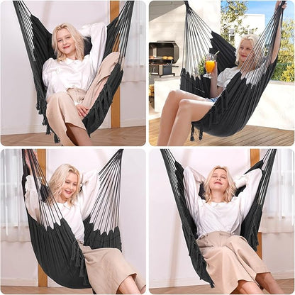 Y- STOP Hammock Chair Hanging Rope Swing, Max 500 Lbs, 2 Cushions Included, Large Macrame Hanging Chair with Pocket, Cotton Weave for Superior Comfort, Durability (Dark Grey)