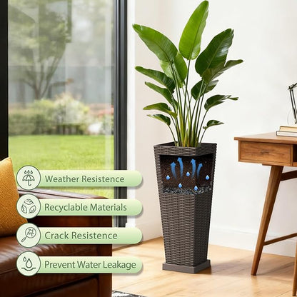 Set of 2 24 Inch Tall Plastic Planters with Drainage Saucers, Rattan Pattern UV Resistant Indoor Outdoor Flower Pots for Patio Garden Balcony Decor, Brown