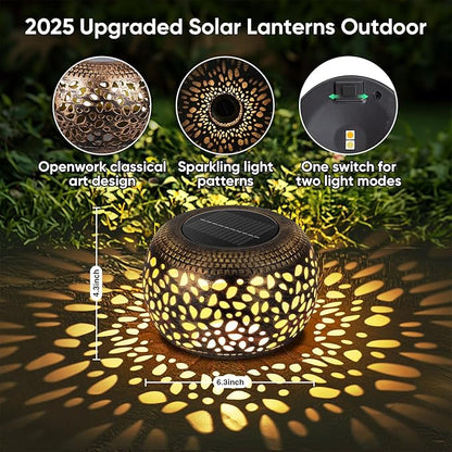 Solar Lantern Outdoor Patio Decor: 4 Pack Solar Lanterns Outdoor Waterproof, Hollow Out Retro Metal Solar Lights, Yard Porch Garden Balcony Indoor Desk Bedroom Tabletop Decorations, 2 Lighting Colors