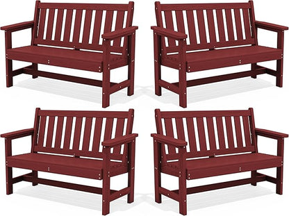 SERWALL Outdoor Bench, HDPE Outdoor Benches Weatherproof, 2-Person Garden Bench with 660 lbs Weight Capacity, Patio Benches for Outdoors, Garden, Porch, Backyard and Park, Red, 4 Pack