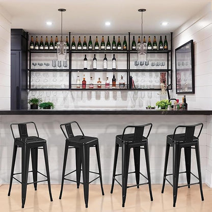 Yaheetech Bar Stools Set of 4, Metal Counter Height Chairs, 30 Inch Industrial Kitchen Stools with Backrest and Footrest for Indoor/Outdoor, Matte Black