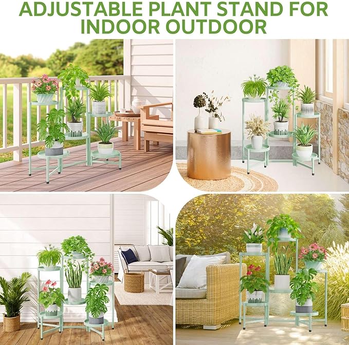 iDavosic.ly 6 Tier Large Plant Stand Indoor, 10 Inch Wide Tall Corner Metal Plant Stands Outdoor for Multiple Plants, Folding Tiered Flower Display Holder Rack Shelf, Light Green