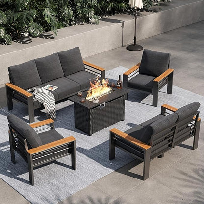 Aoxun Aluminum Outdoor Patio Furniture Set, 8-piece Outdoor Sectional with 44'' Propane Gas Firepit Table, Patio Conversation Sets with Upgraded Armrests and Cushions for Backyard, Garden and Poolside