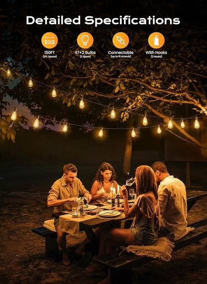 String Lights, 150-Foot Outdoor LED Patio Lights with 47 Warm White ST38 Bulbs