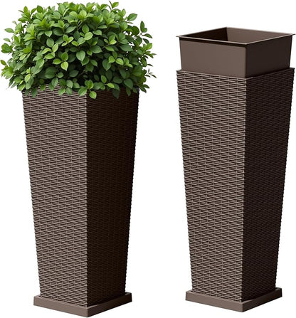 Devoko Resin Tall Planters with Tray for Outdoor Plants Set of 2, Large Taper Outdoor Planter Pots with 4 Drainage Holes, Flower Pots Modern Decor for Porch, Patio, Backyard, Garden(Brown, 32")