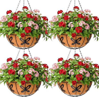 12 inch Metal Hanging Baskets For Plants Outdoor 4 Pack Round Metal Wire Hanging Basket Planter with Coco Fiber Liners Chain Round Wire Plant Holder for Garden, Patio, Deck, Porch Plants Flower Potss