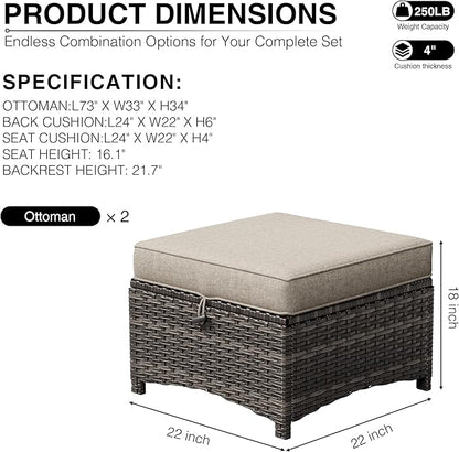 Joyside Outdoor Ottoman Set of 2, Patio Large Ottoman Foot Rest with Thickened Cushions, Outdoor Wicker Foot Stool for Porch, Deck Use
