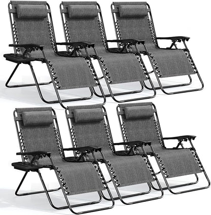 Nestl Zero Gravity Chairs Set of 6, Patio Lounge Chair Outdoor with Pillows & Cup Holder Trays, Adjustable Steel Mesh Reclining Camping Chair, Folding Patio Lawn Chair for Deck, Beach, Yard - Grey