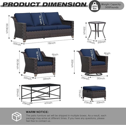 Joyside Wicker Patio Furniture Sets, 8 Pieces Upgraded Large Size Outdoor Furniture with 4 Swivel Rocking Patio Chairs, 3-Seat Sofa, Fire Table, Coffee Table, Thick Cushions, Wide Armrest, Blue