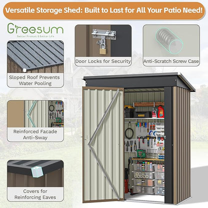 Greesum 5×3FT Outdoor Storage Shed, Metal Patio Storaged Sheds with Lockable Doors, Sheds & Outdoor Storage for Bike, Backyard, Pool and Garden, Brown