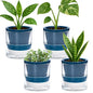 D'vine Dev 4 Inch Design Self Watering Planter for Indoor Plants, Blue Terracotta Pot with Cylinder Glass Cup, Set of 4, 37-Z-A-4-F