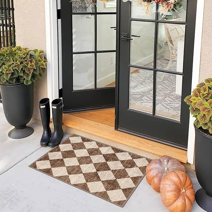 Outdoor Rug 2x3 Brown and Beige Harlequin Non-Slip Machine Washable