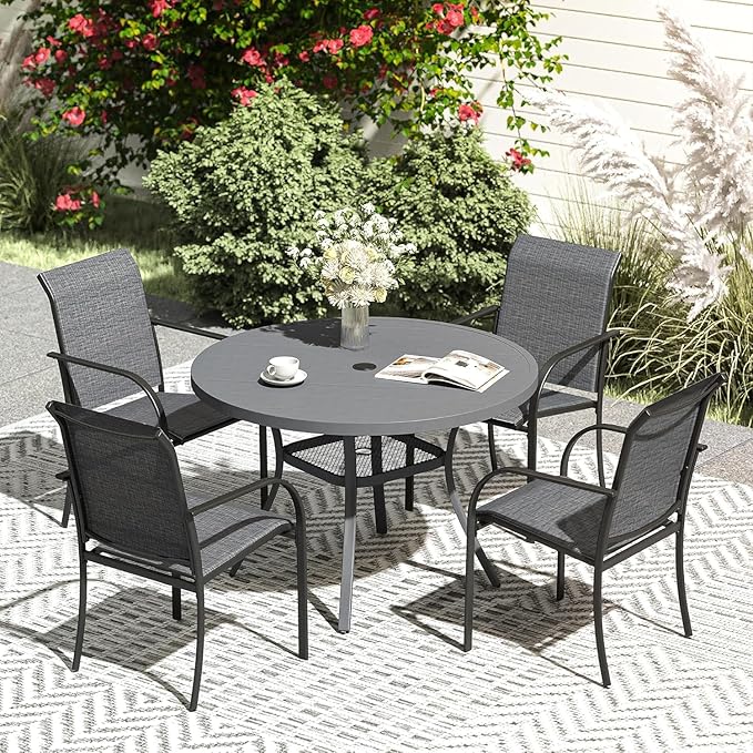 VICLLAX 5 Pieces Patio Dining Set, Outdoor Furniture Set Includes 41.2" Round Patio Table and 4 Patio Sling Chairs, Grey Tabletop and Dark Grey Fabric