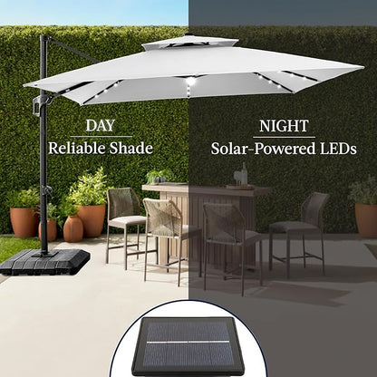 Best Choice Products 9x12ft LED Cantilever Patio Umbrella w/Base Included & 360° Rotation, Large Solar Offset Hanging Outdoor Sun Shade for Deck, Backyard Table w/Stand & Lights – Fog Gray