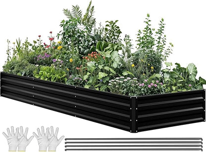 YITAHOME 144x48x12 in Galvanized Raised Garden Bed Kit, Large Metal Planter Box with Gloves, Safety Rubber & Support Rod, Outdoor Flower Bed for Plants Vegetables, Black