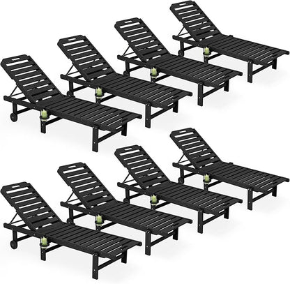 SERWALL Outdoor Chaise Lounge Set of 8, HDPE Pool Lounge Chairs with 5-Position Adjustable Backrest, Patio Loungers with Rolling Wheels & Cup Holder for Pool Sunbathing, Black