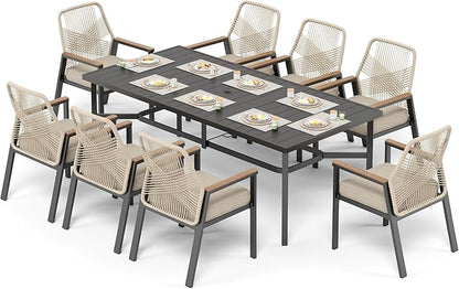 9 Pieces Patio Dining Set, 8 x Woven Rattan Chairs with Waterproof Cushion, 83" Rectangular Metal Dining Table with Umbrella Hole, Outdoor Table and Chairs Set for Backyard Lawn and Deck, Beige