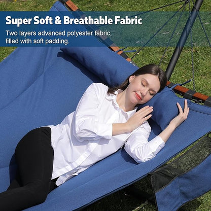 TegerDeger 12FT 2 Person Hammock Large Hammock 450LB Capacity with V Shaped Hardwood Spreader Bar & Nylon Rope for Outside, Patio, Garden, Backyard, Beach, Poolside - Blue