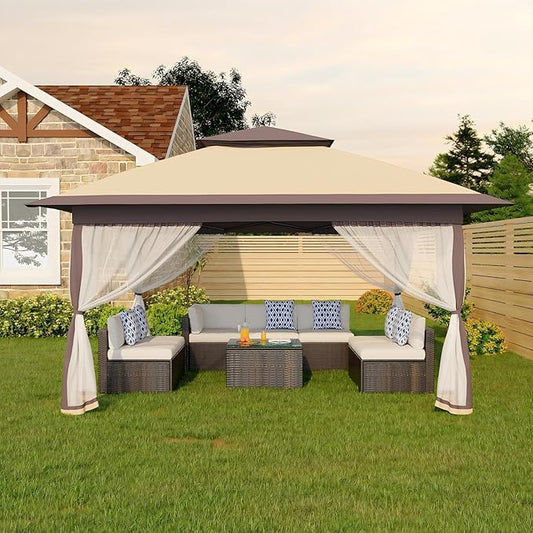 Canopy Tent 12x12 ft, Pop Up Gazebo One-Push Setup with 4 SandBags for Backyard Parties and BBQs, Mosquito Netting & Height Adjustable - Khaki & Coffee