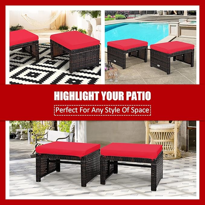 Tangkula 2 Pieces Patio Rattan Ottomans, All Weather Outdoor Footstool Footrest Seat with Soft Cushion, Hidden Zipper, High-Density Sponge, Wicker Ottoman Seat for Patio, Garden, Poolside (Red)