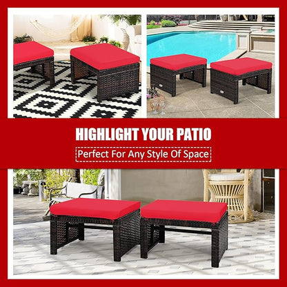 Tangkula 2 Pieces Patio Rattan Ottomans, All Weather Outdoor Footstool Footrest Seat with Soft Cushion, Hidden Zipper, High-Density Sponge, Wicker Ottoman Seat for Patio, Garden, Poolside (Red)