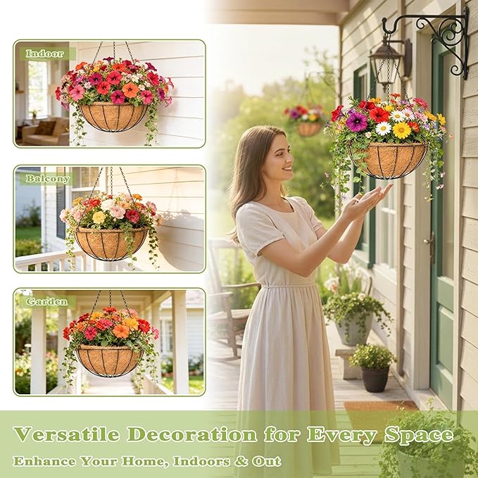 4 Pack 16 Inch Hanging Planters Outdoor Metal Hanging Flower Baskets with Coco Fiber Liners Chain Round Wire Plant Holder Hanging Flower Pots (Watermelon)