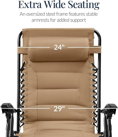 Best Choice Products Oversized Padded Zero Gravity Chair, Folding Outdoor Patio Recliner, XL Anti Gravity Lounger for Backyard w/Headrest, Cup Holder, Side Tray, Polyester Mesh - Beige