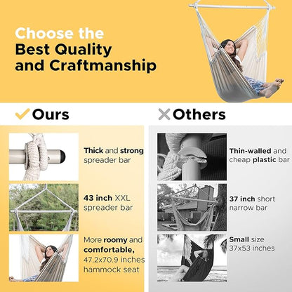 ADVOKAIR Hammock Chair Hanging Chair Rope Swing XXL - Max 500lbs, 70in Large Hammock Swing Chair -Portable Steel Spreader Bar with Anti-Slip Rings-Roomy & Strong