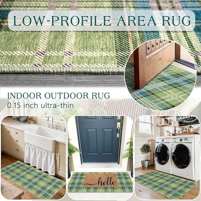 Outdoor Rug Tartan Door Mat in Green, 2 x 4 ft 3 in