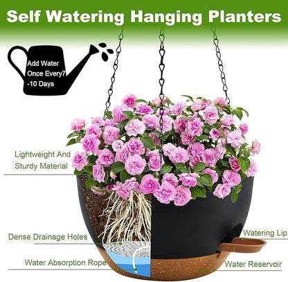 10 inch Hanging Planters for Indoor Plants, 3 Pack Self-Watering Hanging Planter Pots with Chain and Drainage Holes, Outdoor Plastic Hanging Baskets for Garden Home Decor