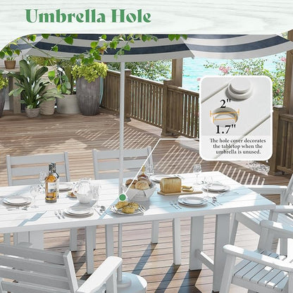 AMERLIFE 7-Piece HDPE Outdoor Dining Set with Umbrella Hole, 71" L Patio Table and Chairs Set for 6, Modern Garden Dining Set for Backyard, Poolside, Seaside, Porch, White
