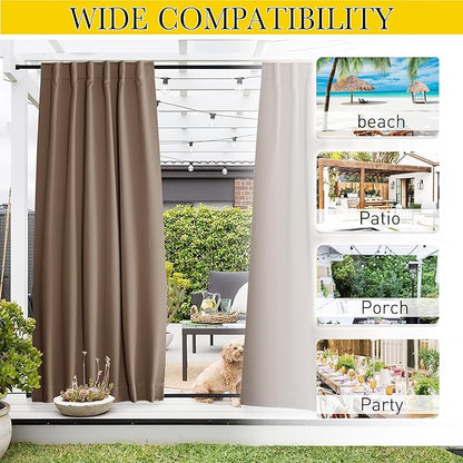 NICETOWN 2 Panels Outdoor Curtains Waterproof Pocket & Back Tab on Top & Bottom, Thermal Insulated Windproof Sun Blocking Outside Privacy Drapes for Patio with Fixed Rope, W84 x L95, Tan